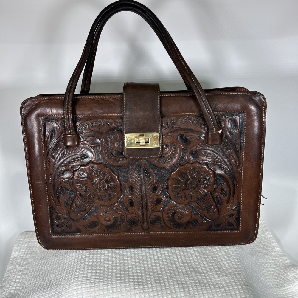 VTG Hand Tooled Leather Purse Hand Bag Brown Floral Southwestern 1960's Mexico
